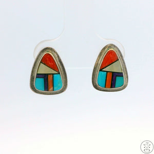 Vintage Navajo Sterling Silver Inlay Stud Earrings Signed Donald Douglas Mosaic Turquoise