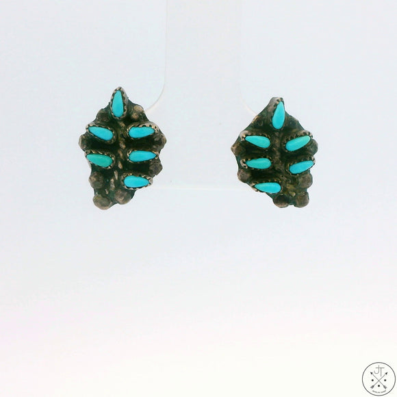 Vintage Sterling Silver Stud Earrings with Turquoise Palm Frond