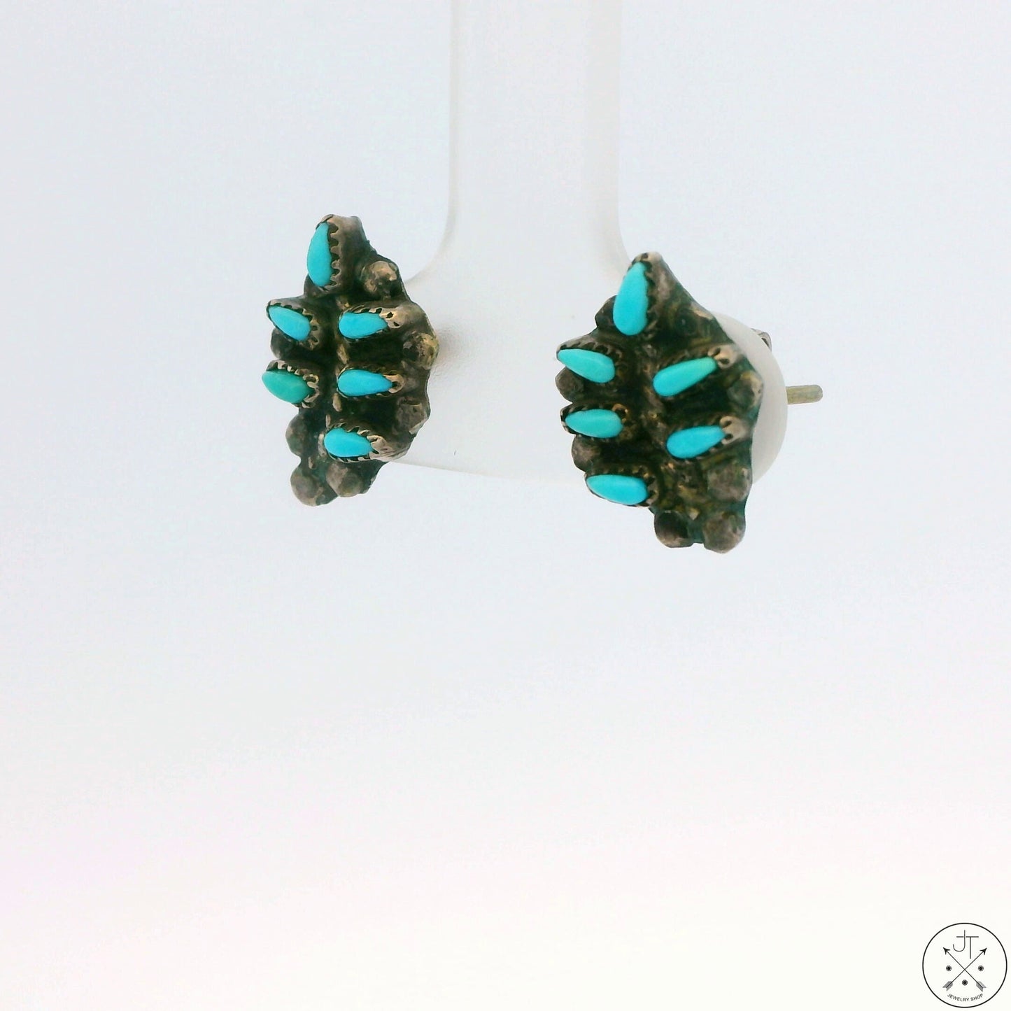 Vintage Sterling Silver Stud Earrings with Turquoise Palm Frond