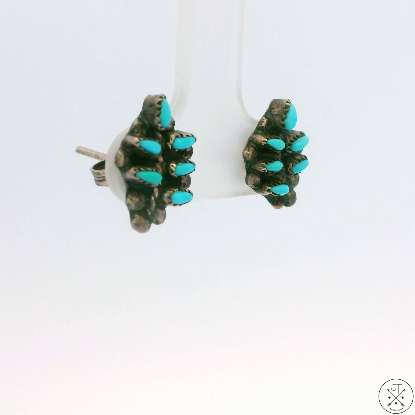 Vintage Sterling Silver Stud Earrings with Turquoise Palm Frond
