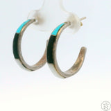 Vintage Sterling Silver Post Hoop Earrings Inlay Turquoise MOP Onyx Signed