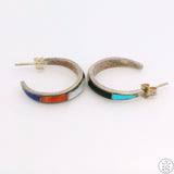 Vintage Sterling Silver Post Hoop Earrings Inlay Turquoise MOP Onyx Signed