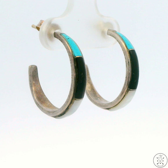 Vintage Sterling Silver Post Hoop Earrings Inlay Turquoise MOP Onyx Signed