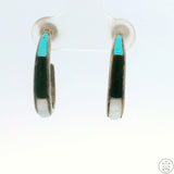 Vintage Sterling Silver Post Hoop Earrings Inlay Turquoise MOP Onyx Signed