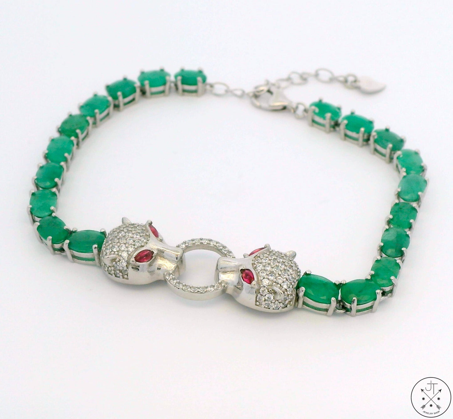 New Sterling Silver Tennis Bracelet with Natural Emerald Adjustable Puma