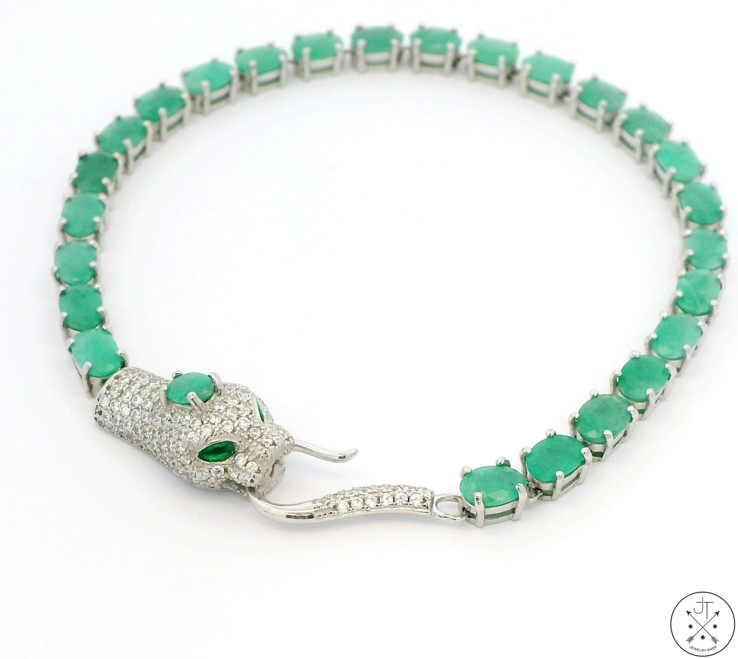 New Sterling Silver Tennis Bracelet 7.75 Inch with Natural Emerald Cobra Snake