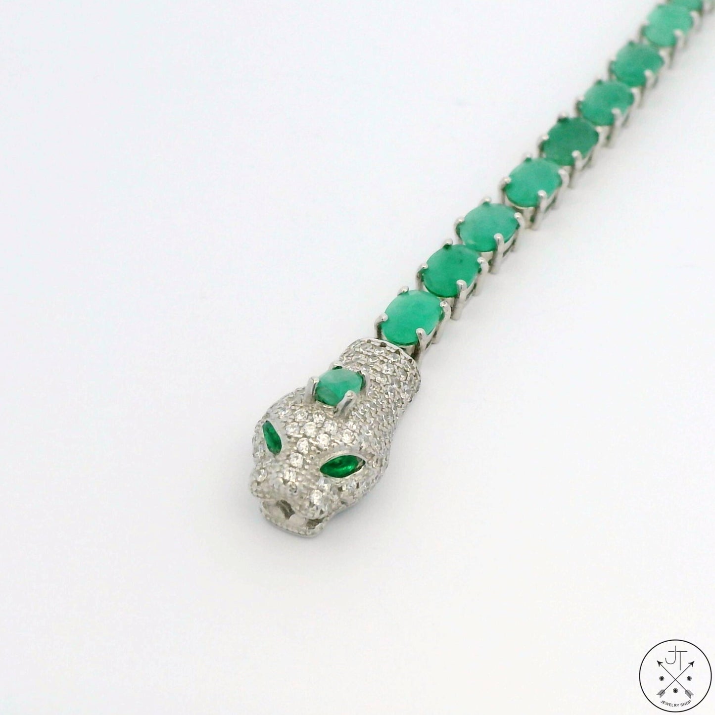 New Sterling Silver Tennis Bracelet 7.75 Inch with Natural Emerald Cobra Snake