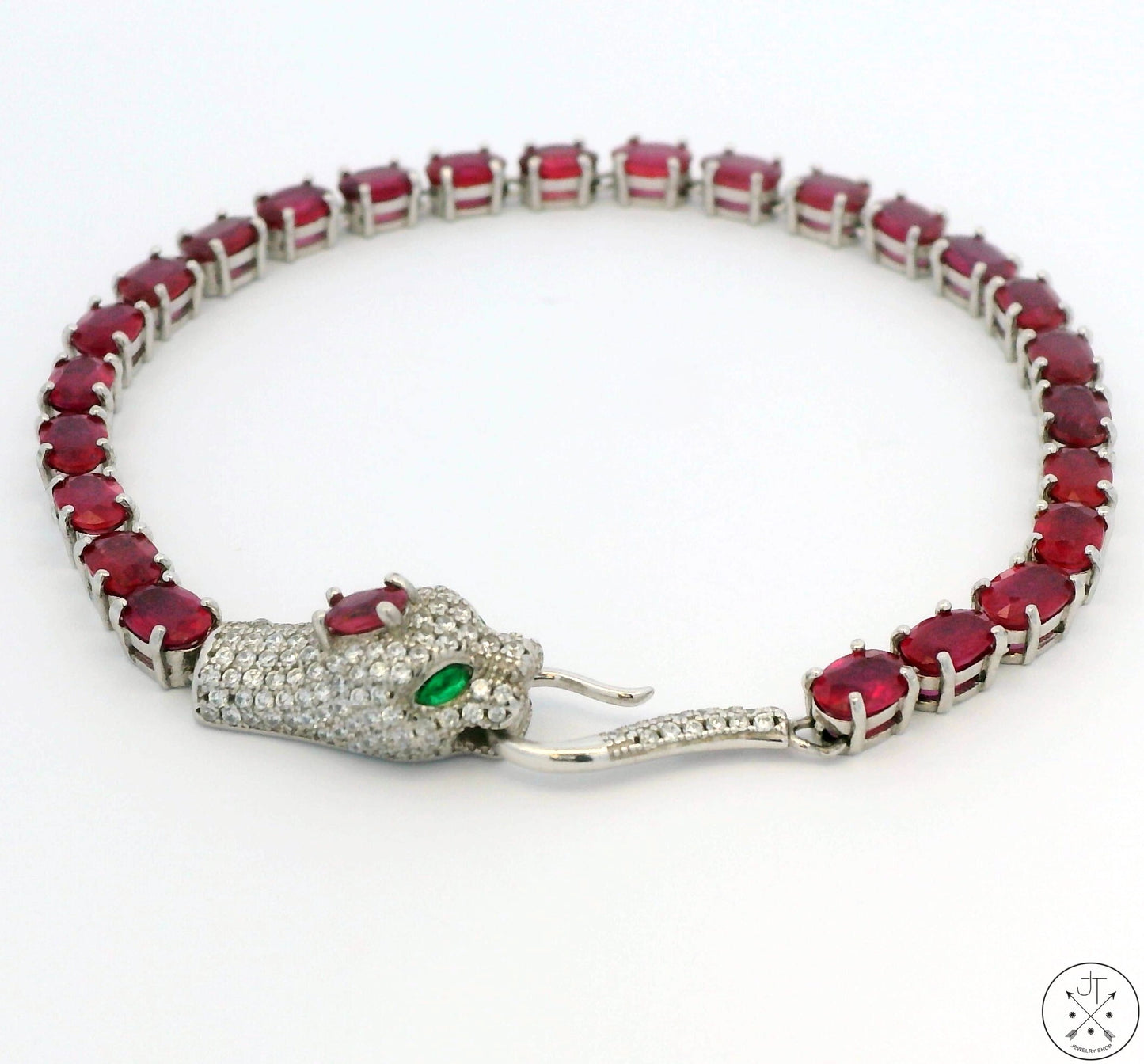 New Sterling Silver Tennis Bracelet 7.75 Inch with Natural Ruby Cobra Snake