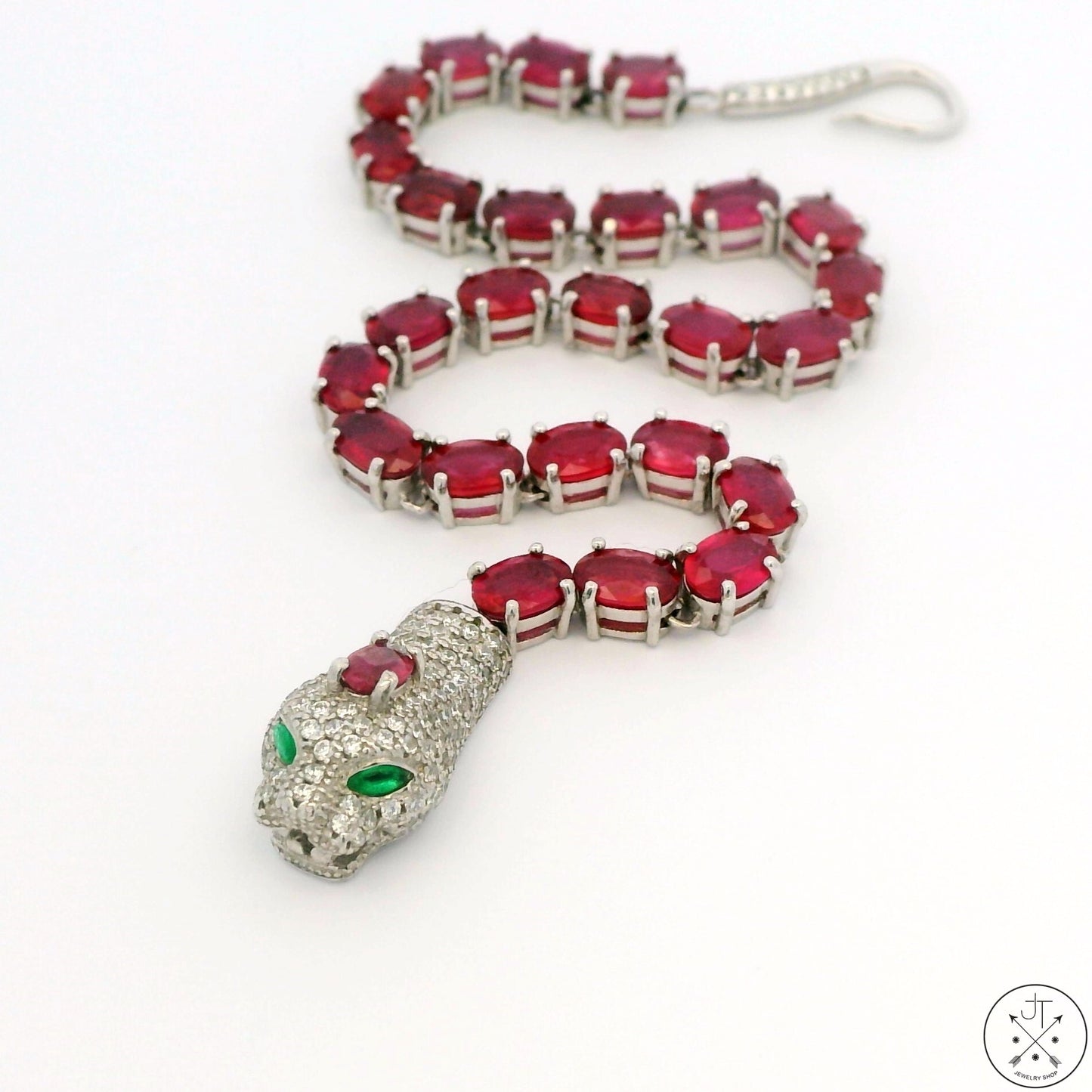 New Sterling Silver Tennis Bracelet 7.75 Inch with Natural Ruby Cobra Snake