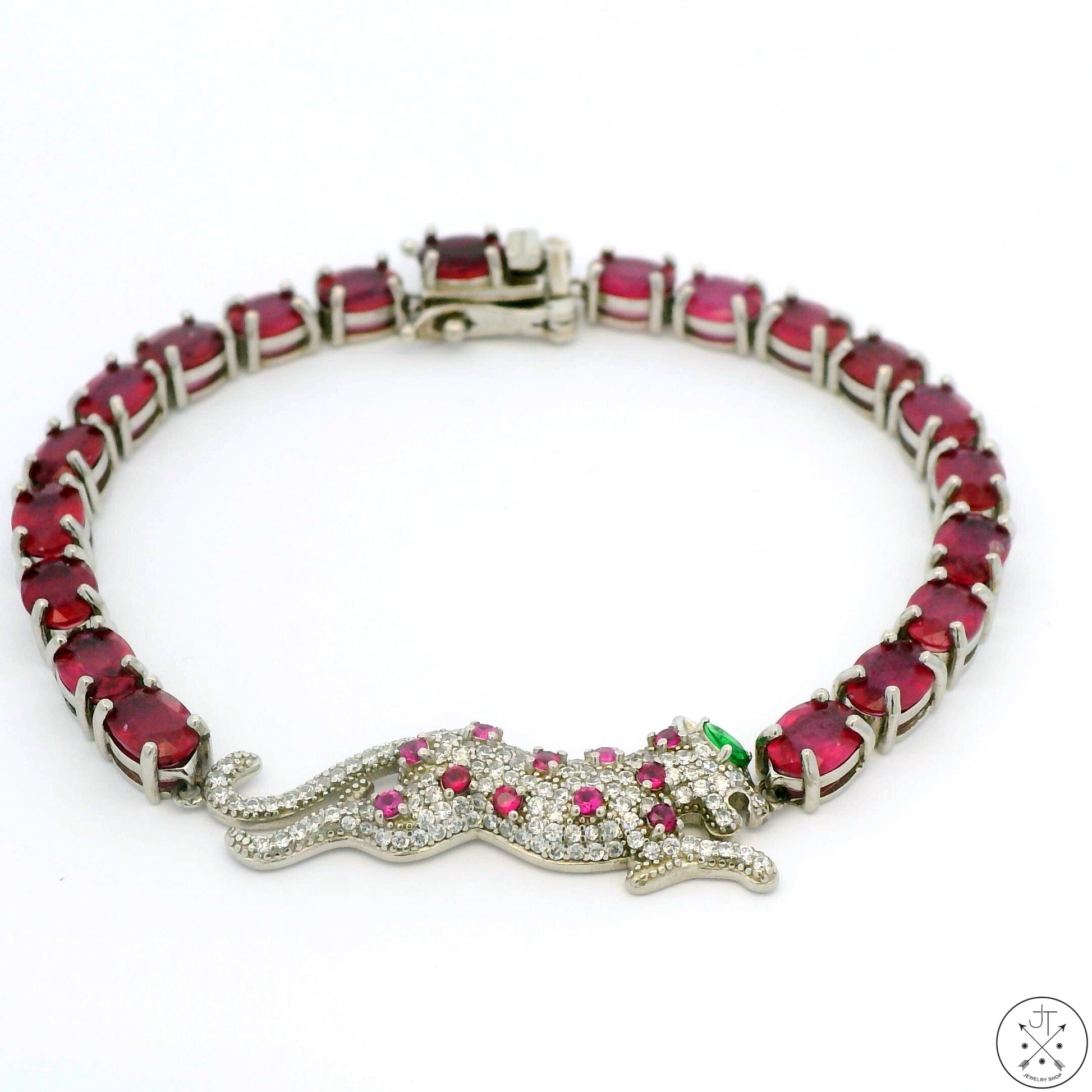 Sterling Silver Tennis Bracelet 7.75 Inch with Natural Ruby Panther
