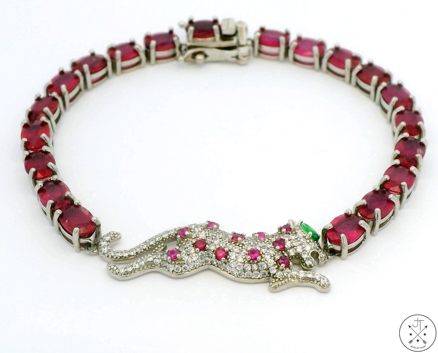 New Sterling Silver Tennis Bracelet 7.75 Inch with Natural Ruby Panther