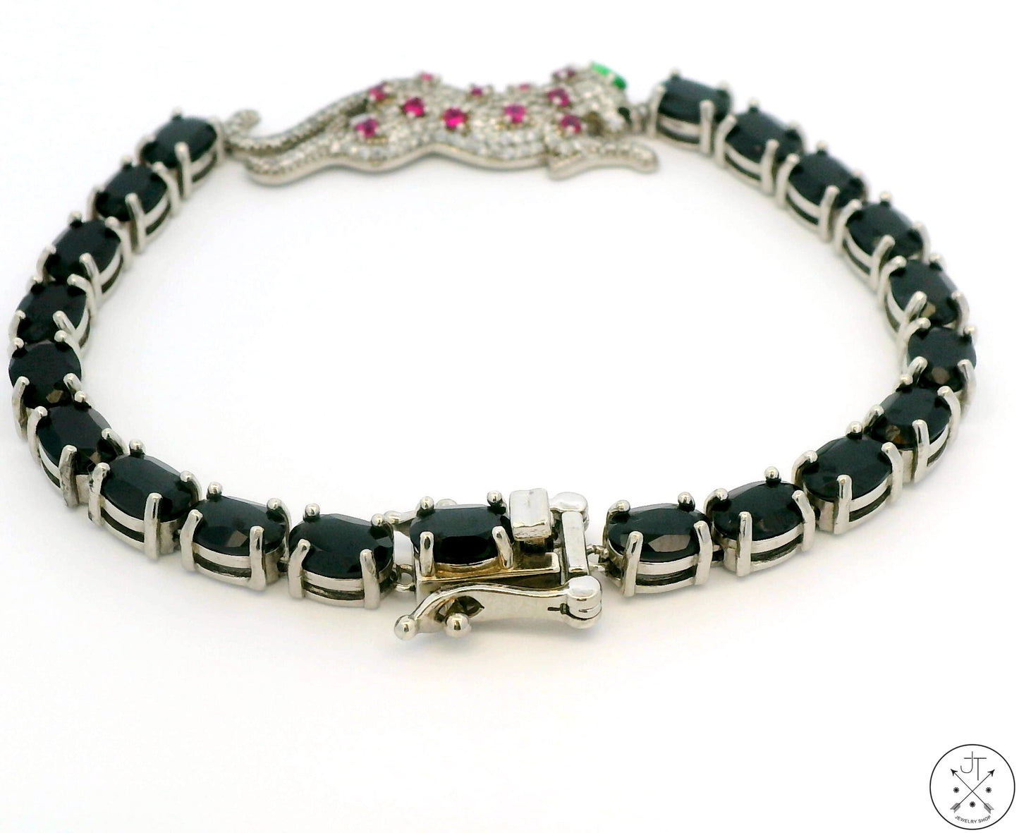 New Sterling Silver Tennis Bracelet 8 Inch with Natural Black Spinel Panther