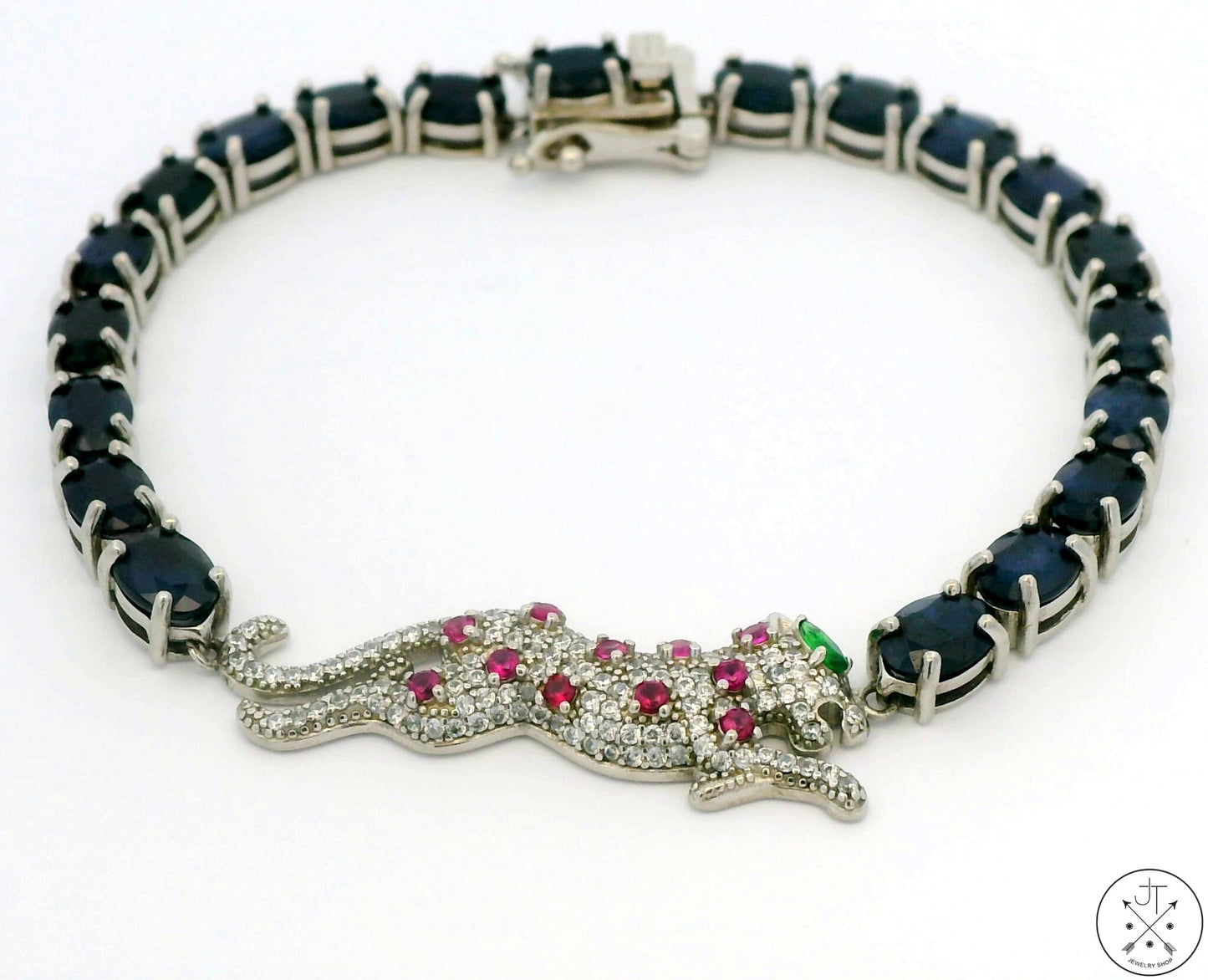 New Sterling Silver Tennis Bracelet 8 Inch with Natural Sapphire Panther