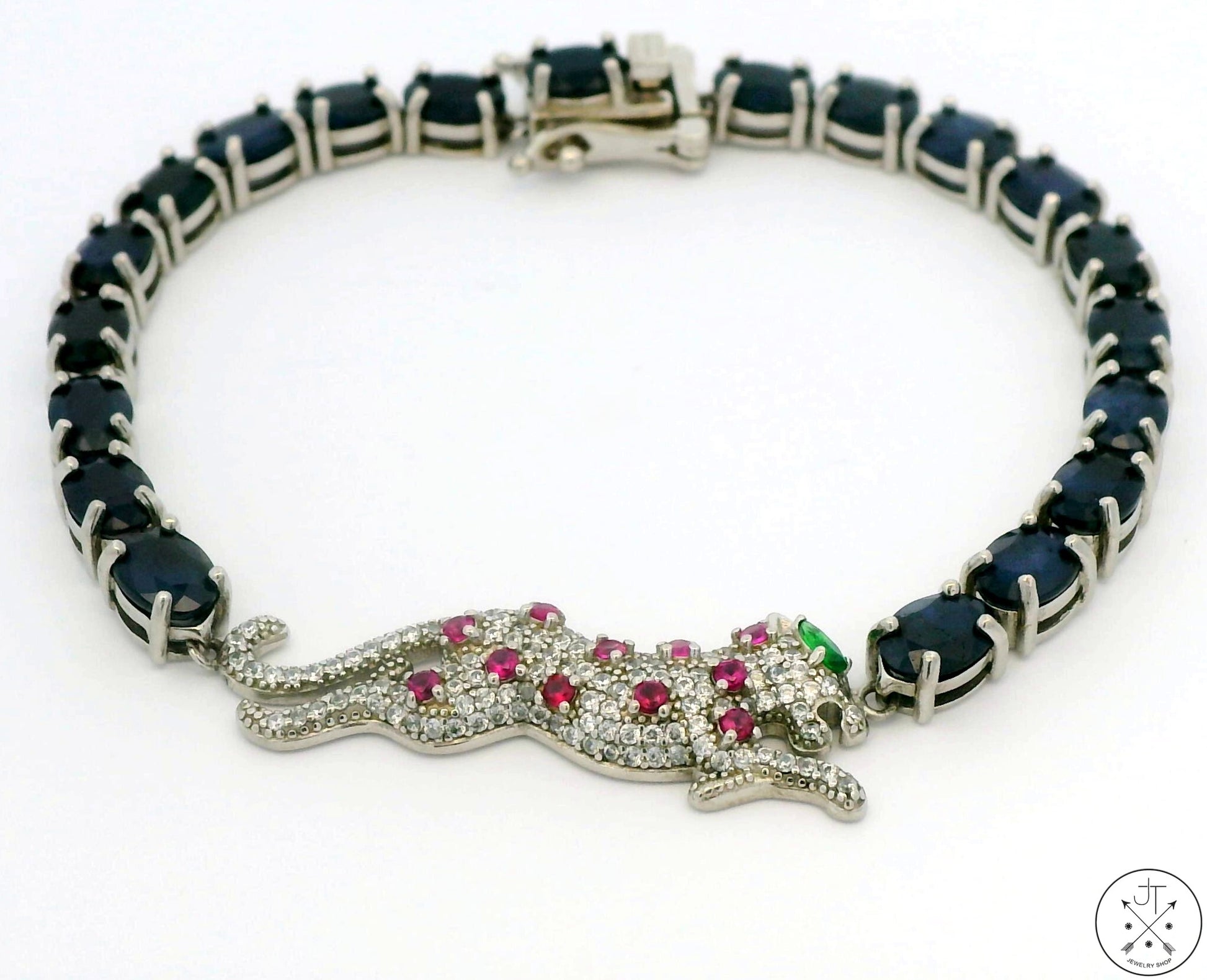 New Sterling Silver Tennis Bracelet 8 Inch with Natural Sapphire Panther