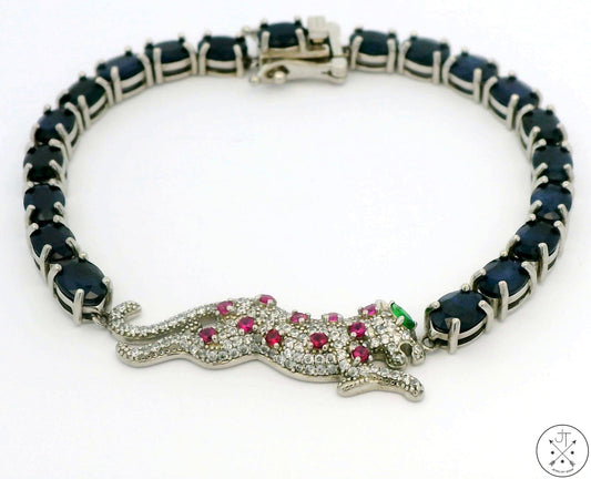 New Sterling Silver Tennis Bracelet 8 Inch with Natural Sapphire Panther