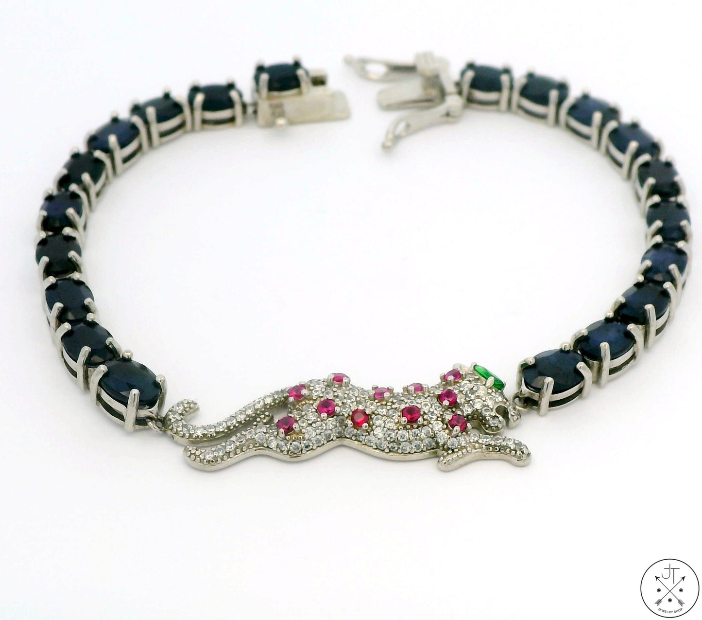 New Sterling Silver Tennis Bracelet 8 Inch with Natural Sapphire Panther