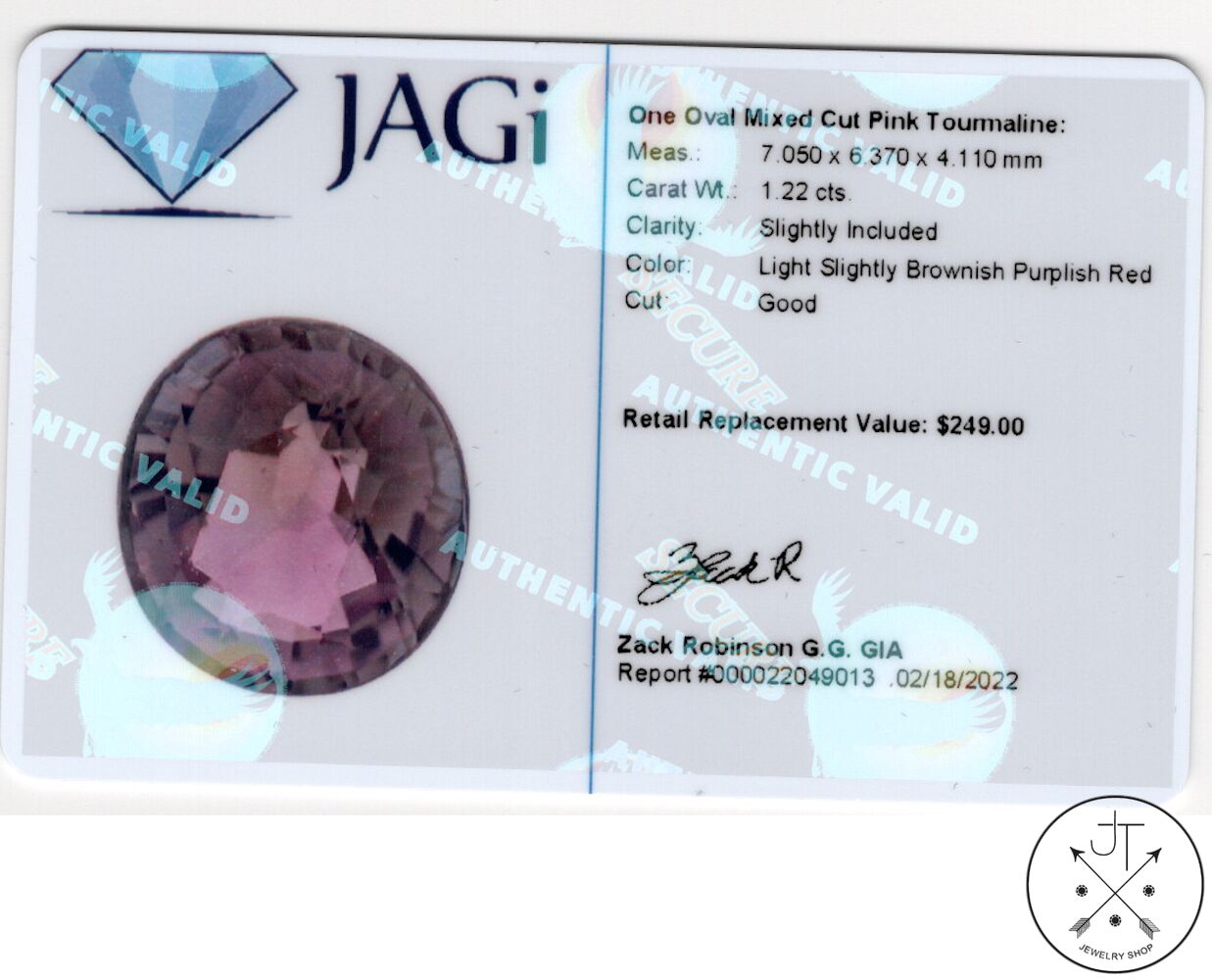 1.22 Carat Natural Pink Tourmaline 7x6 mm Oval Faceted Gemstone Certified