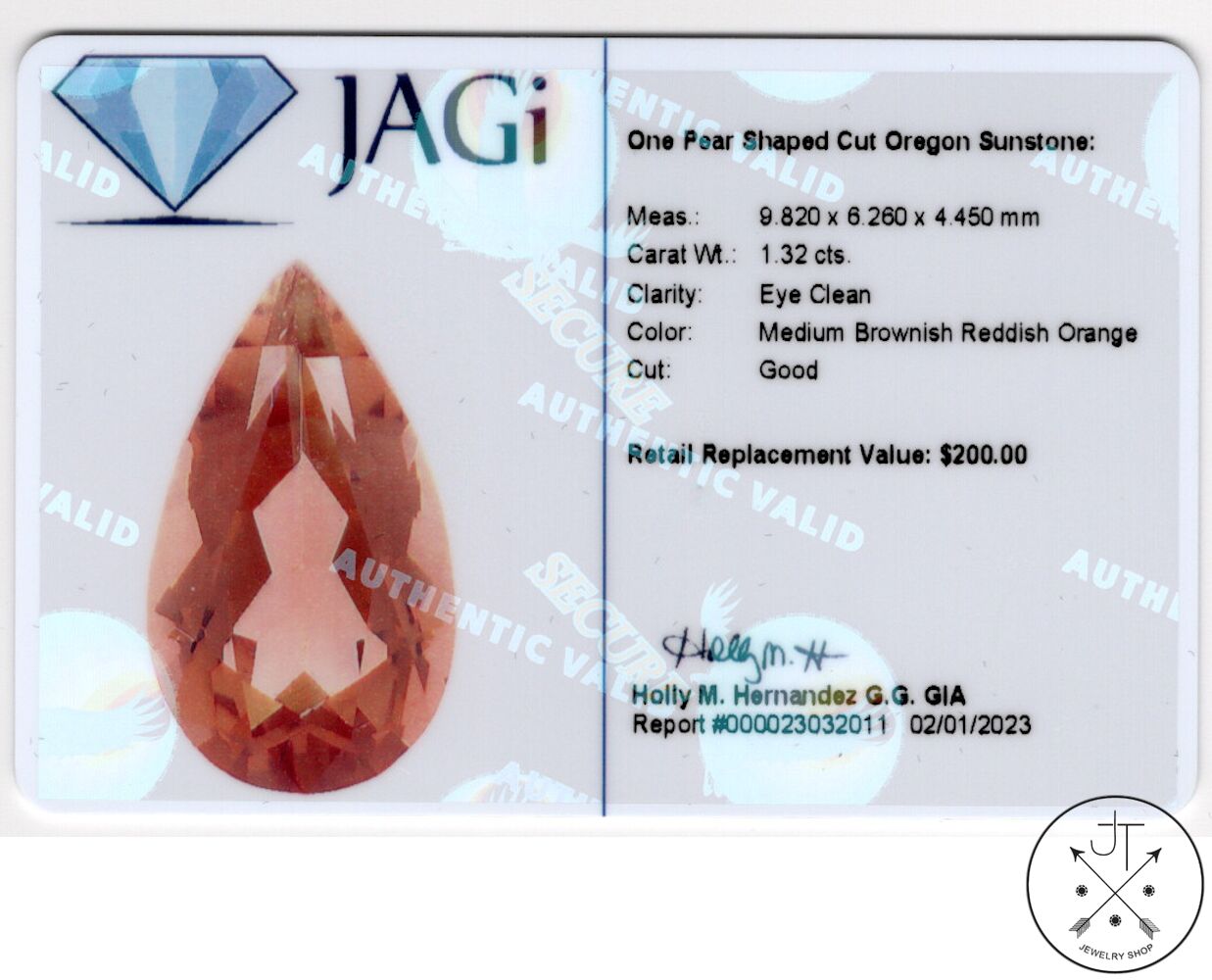 1.32 Carat Natural Oregon Sunstone 10x6 mm Pear Faceted Gemstone Certified