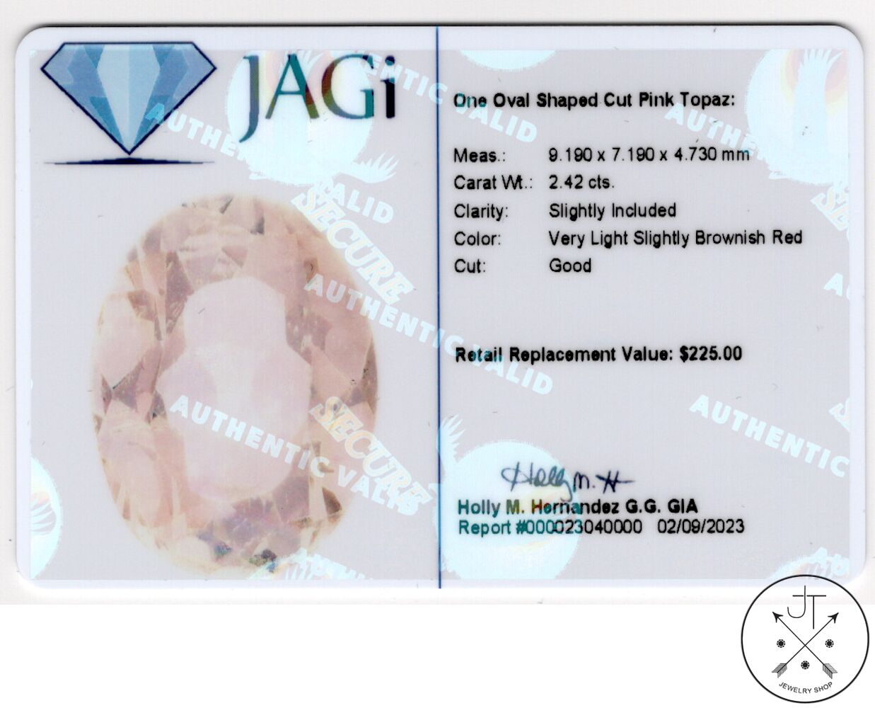 2.42 Carat Natural Light Pink Topaz 9x7 mm Oval Faceted Gemstone Certified