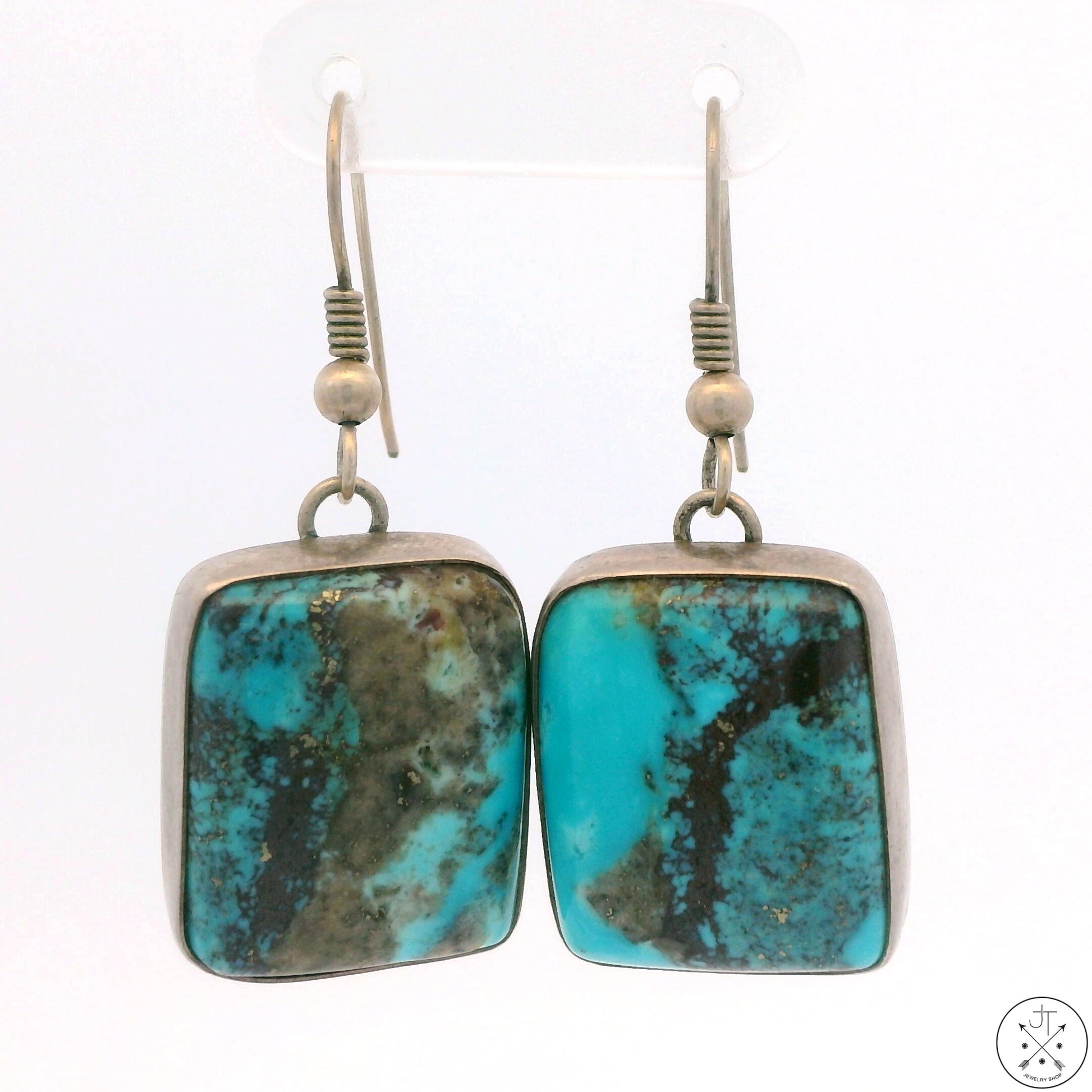 Vintage Native American Sterling Silver Dangle Earrings Ithaca Peak Turquoise Signed