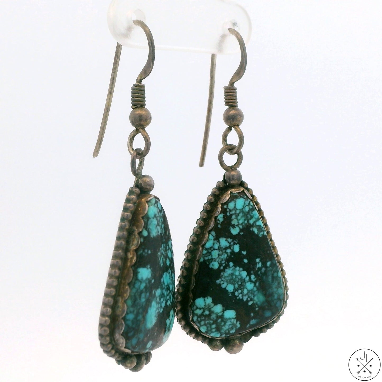 2003 Sterling Silver Dangle Earrings Matrix Turquoise Signed TAMstar Spiderweb