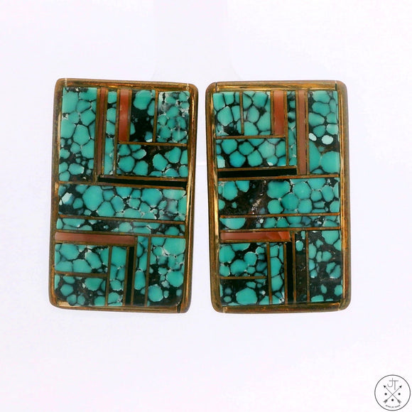 2010 Navajo Sterling Silver Inlay Stud Earrings Fannie Platero New Lander Turquoise Coral