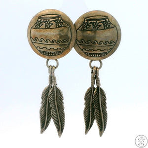 Vintage Navajo Sterling Silver Dangle Earrings Stud Post Concho Feathers Vase Signed