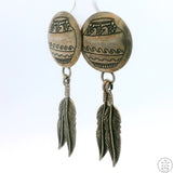 Vintage Navajo Sterling Silver Dangle Earrings Stud Post Concho Feathers Vase Signed