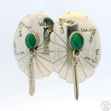 Sterling Silver Drop Earrings Stud Post Concho Feathers Malachite Unsigned