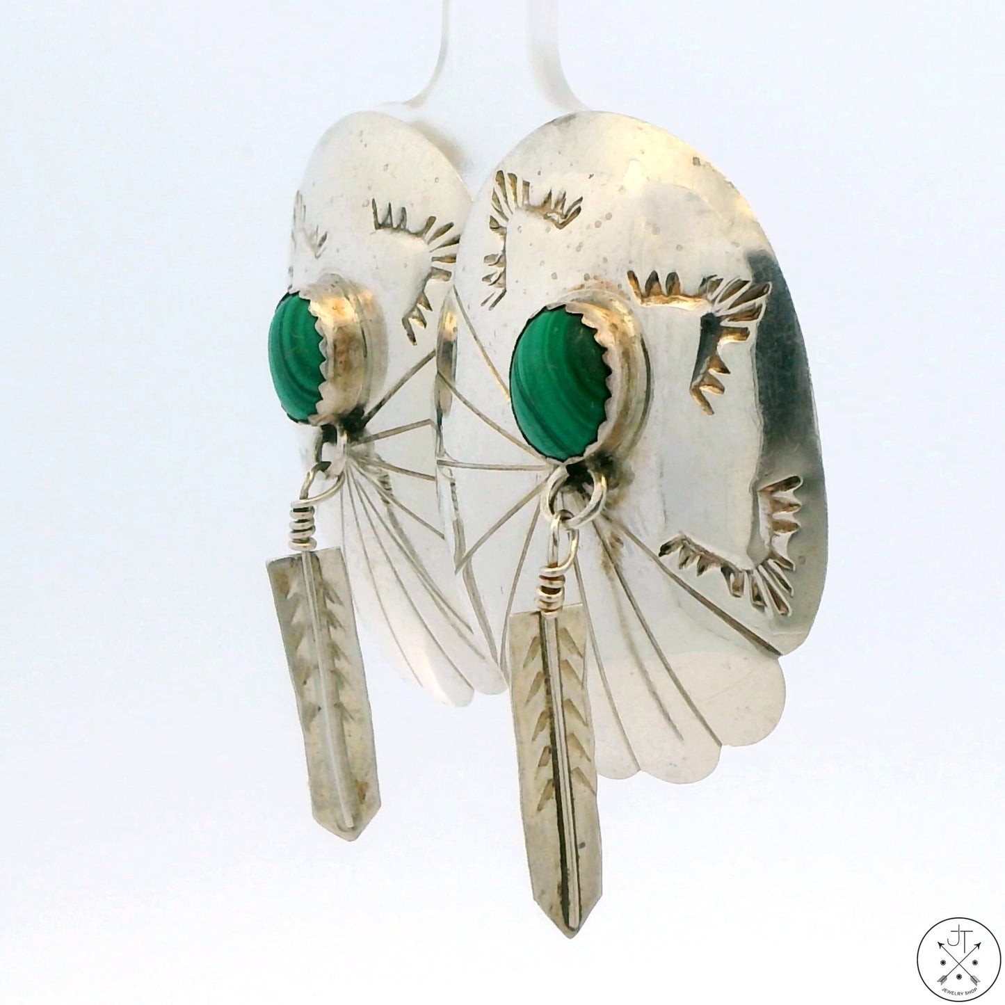 Sterling Silver Drop Earrings Stud Post Concho Feathers Malachite Unsigned