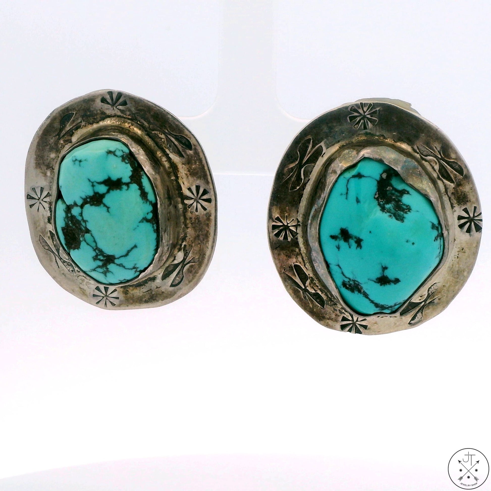 Heavy Sterling Silver Drop Earrings Stud Post Concho Turquoise Unsigned