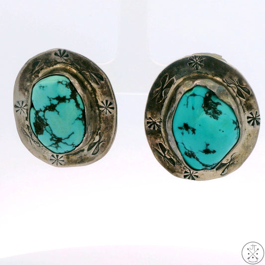 Converted Heavy Sterling Silver Drop Earrings Stud Post Concho Turquoise Unsigned