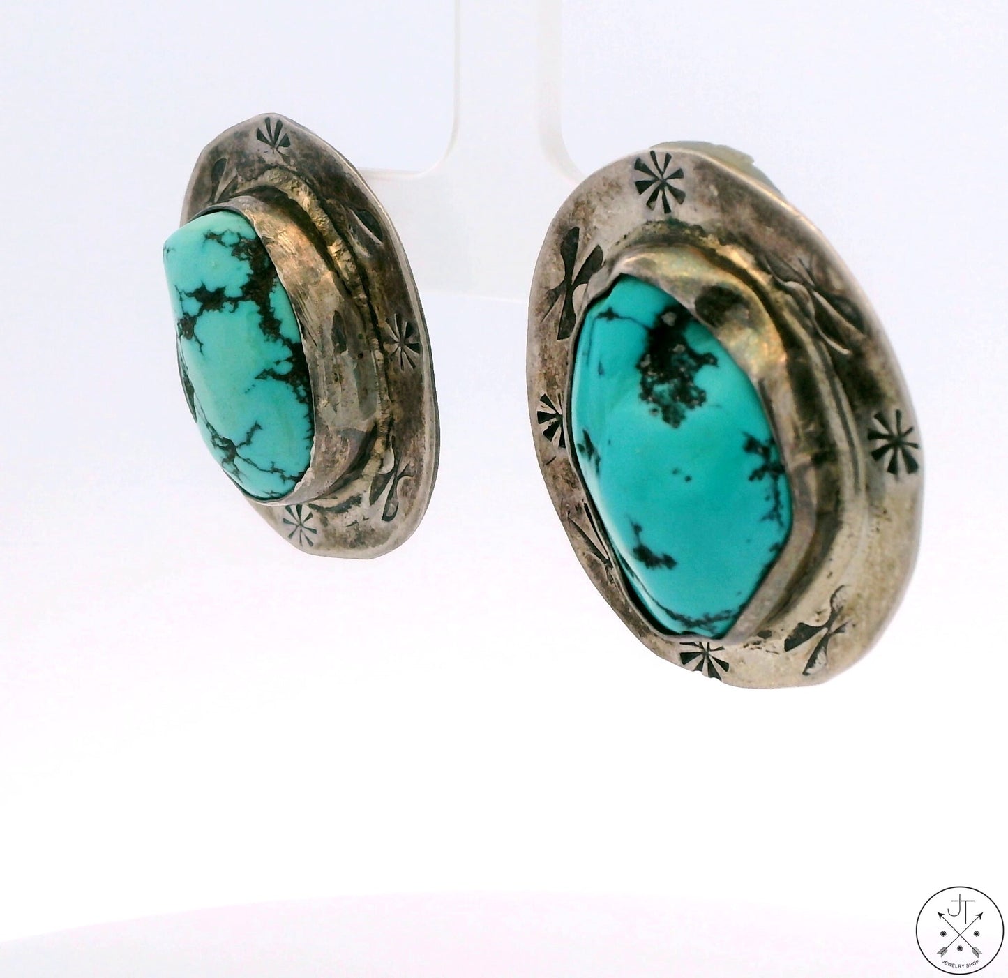 Converted Heavy Sterling Silver Drop Earrings Stud Post Concho Turquoise Unsigned