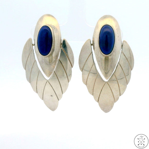 Sterling Silver Clip Earrings Concho Lapis Lazuli Signed