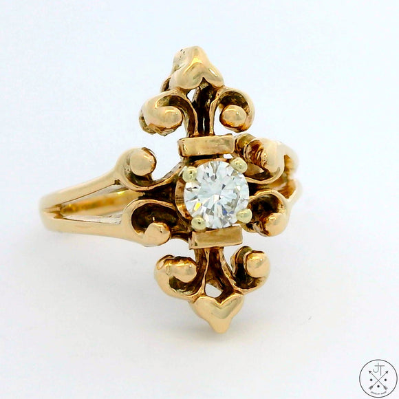 Vintage Victorian Stye 14k Yellow Gold Ring with GVVS2 Diamond Size 3.5 Antique Solitaire