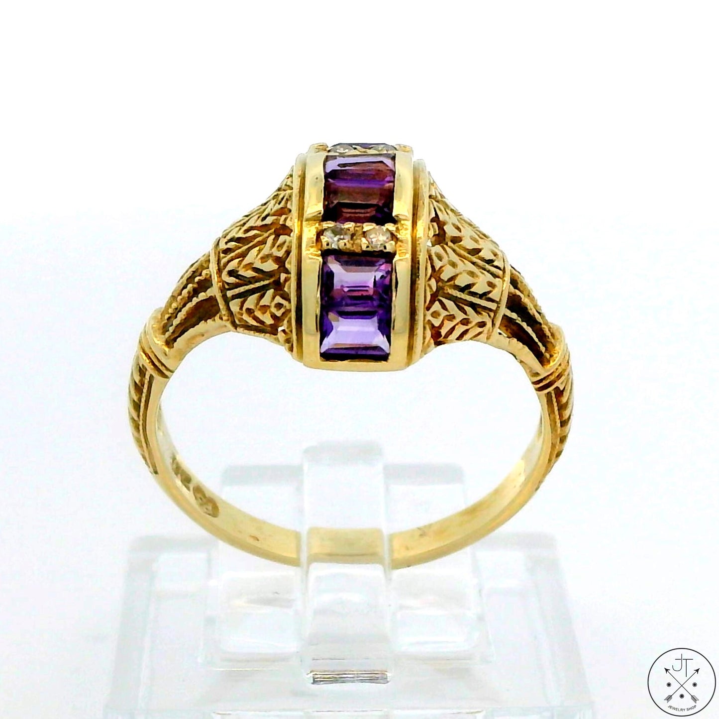 Vintage 14k Yellow Gold Filigree Domed Ring with Amethyst and Diamond Size 6.5