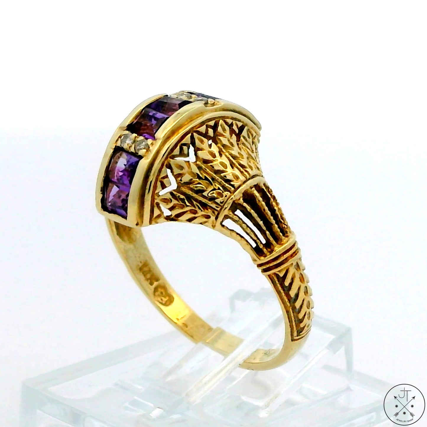 Vintage 14k Yellow Gold Filigree Domed Ring with Amethyst and Diamond Size 6.5