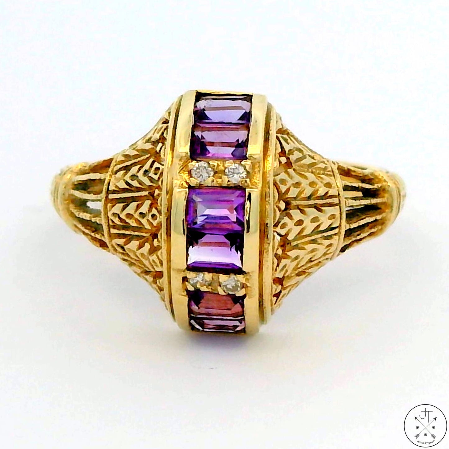 Vintage 14k Yellow Gold Filigree Domed Ring with Amethyst and Diamond Size 6.5