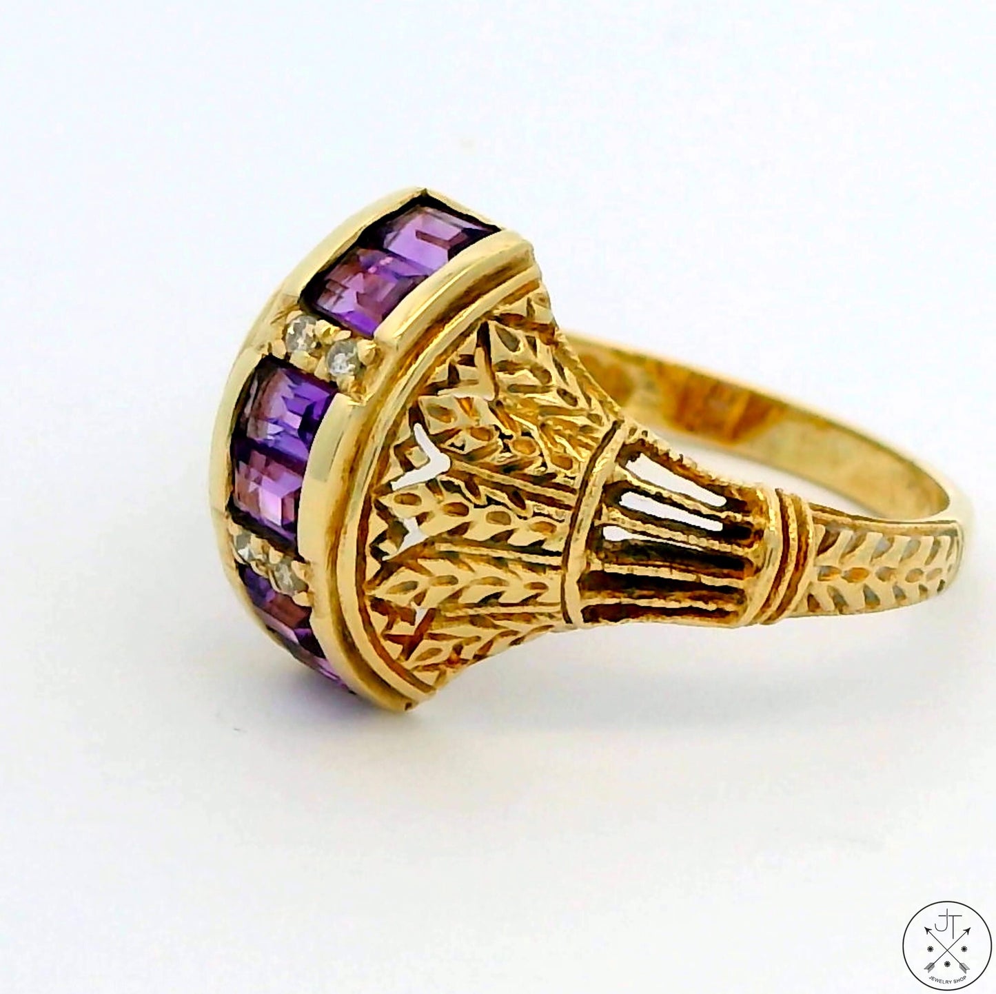 Vintage 14k Yellow Gold Filigree Domed Ring with Amethyst and Diamond Size 6.5