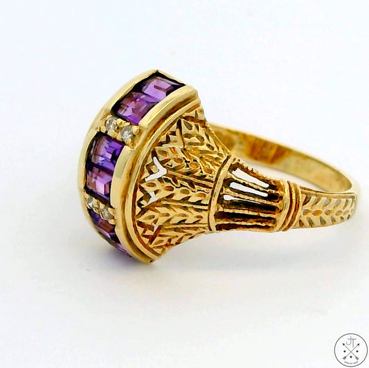 Vintage 14k Yellow Gold Filigree Domed Ring with Amethyst and Diamond Size 6.5
