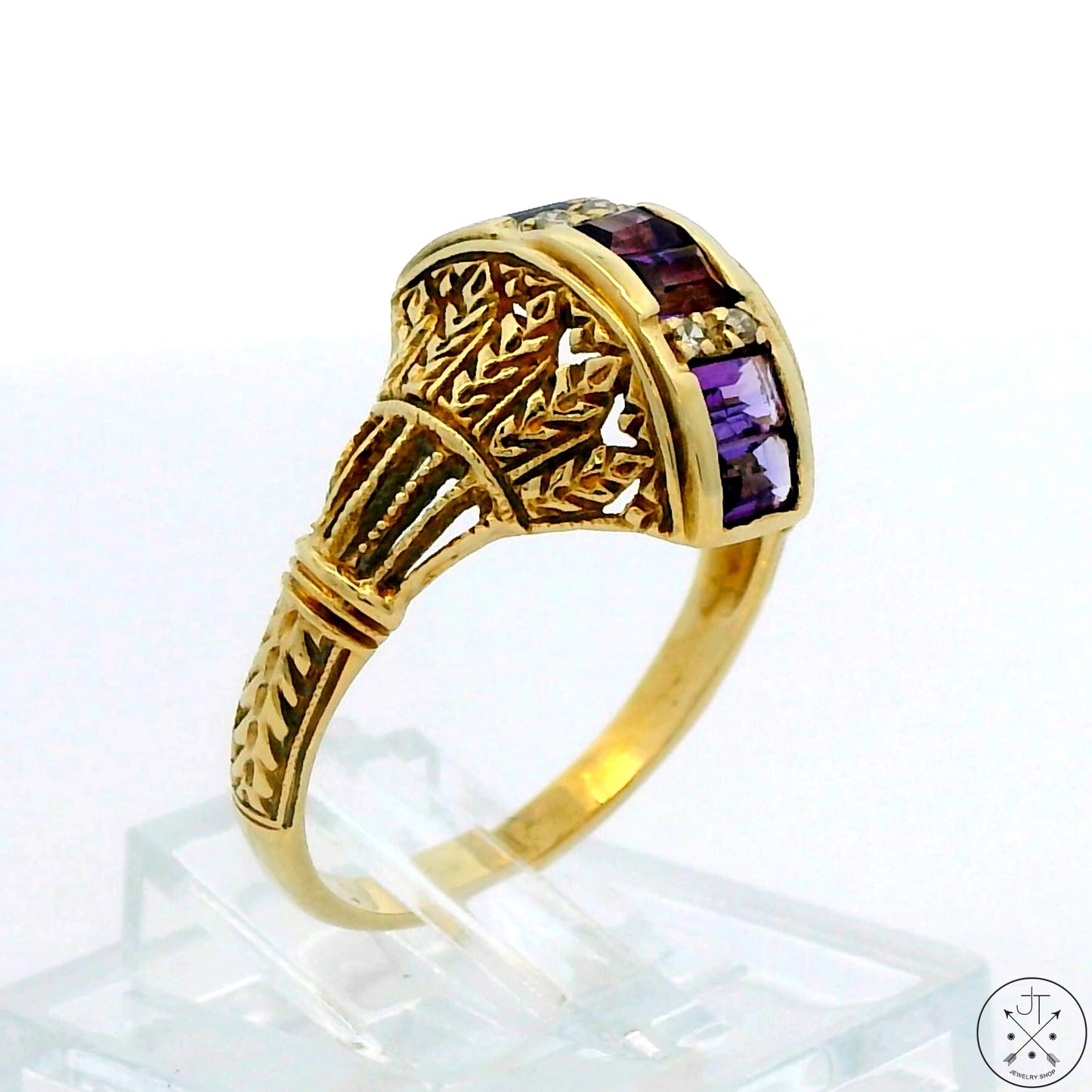 Vintage 14k Yellow Gold Filigree Domed Ring with Amethyst and Diamond Size 6.5