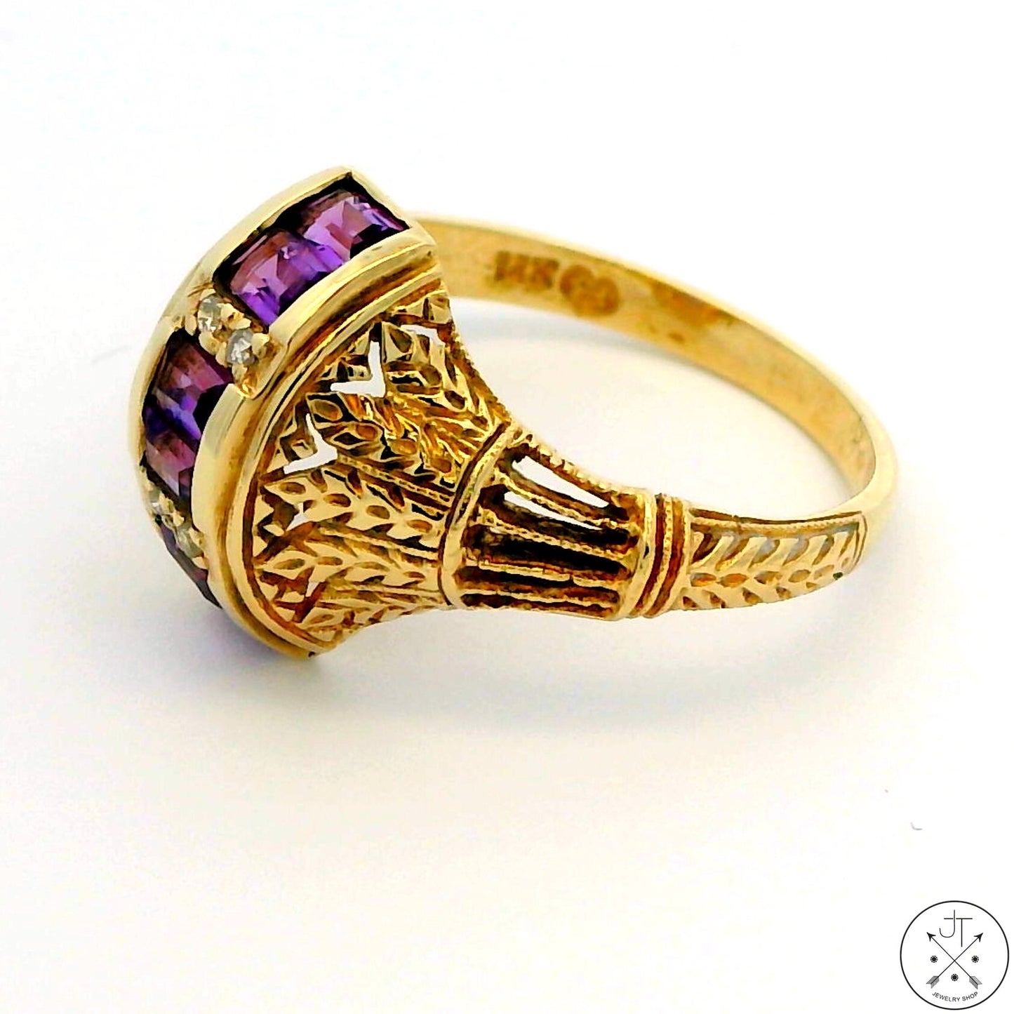 Vintage 14k Yellow Gold Filigree Domed Ring with Amethyst and Diamond Size 6.5