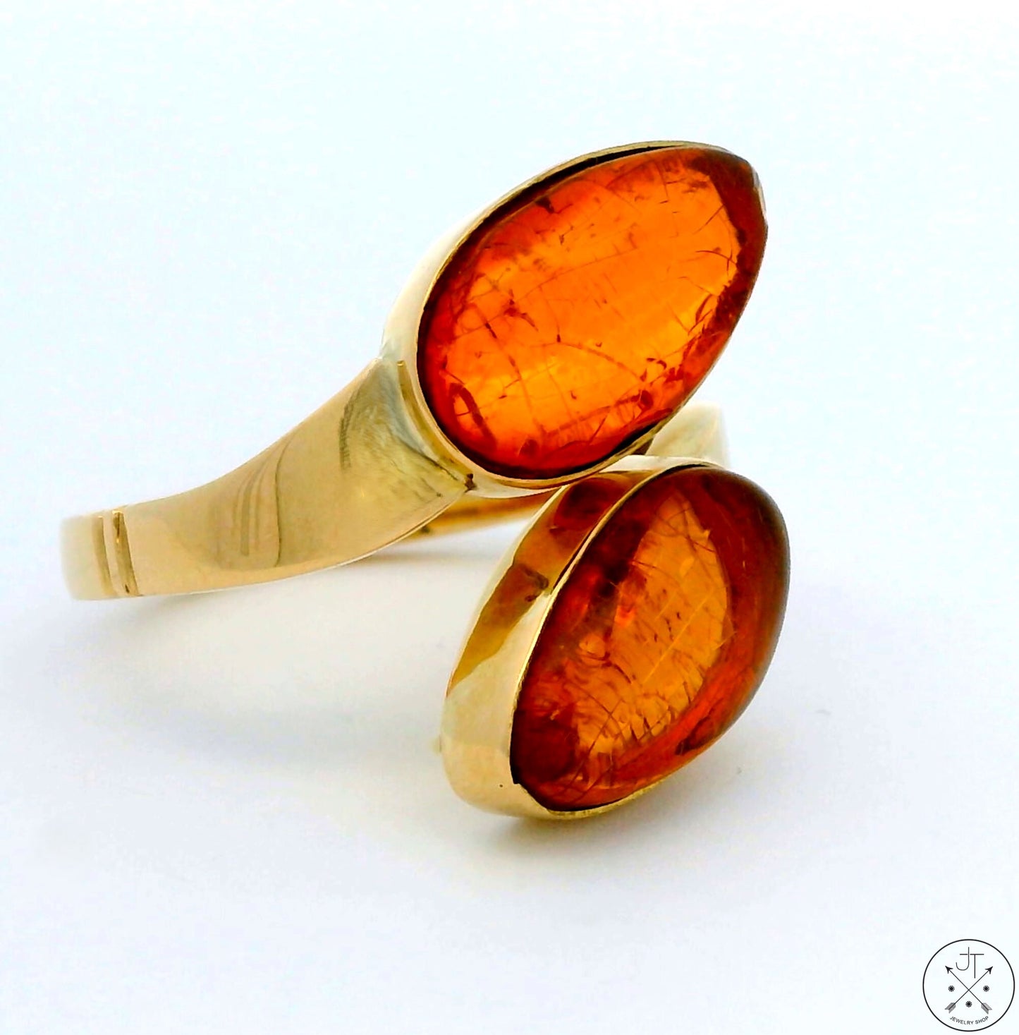 Vintage 14k Yellow Gold Bypass Ring with Amber Size 8 Adjustable