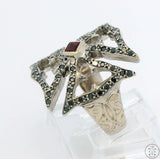 18k White Gold Statement Ring with Black Diamonds and Ruby Size 5.75