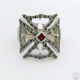 18k White Gold Statement Ring with Black Diamonds and Ruby Size 5.75