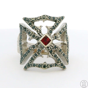 18k White Gold Statement Ring with Black Diamonds and Ruby Size 5.75