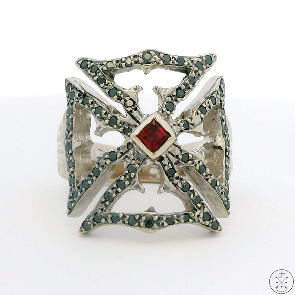 18k White Gold Statement Ring with Black Diamonds and Ruby Size 5.75