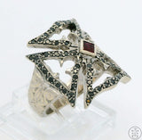 18k White Gold Statement Ring with Black Diamonds and Ruby Size 5.75