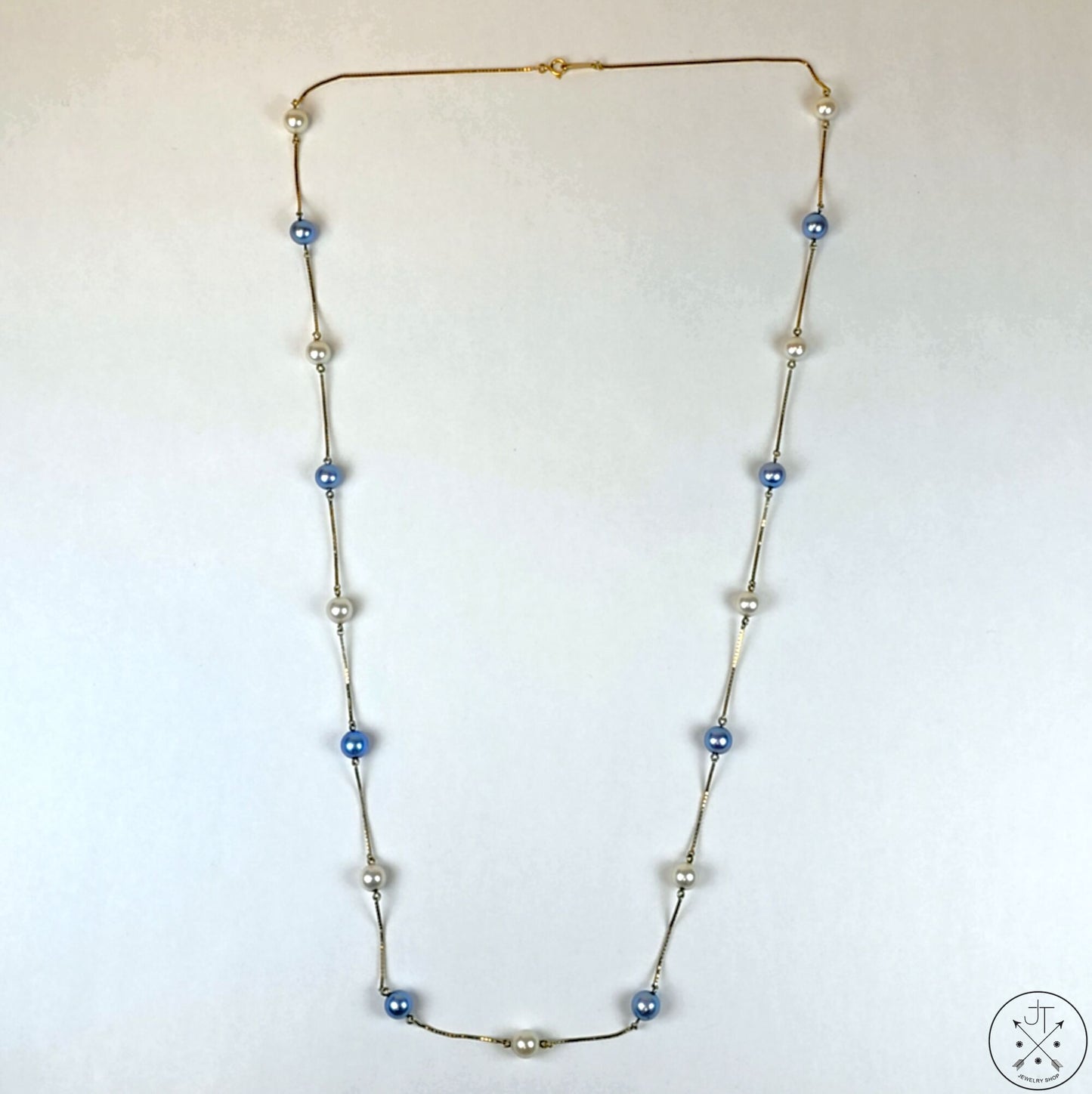 Vintage 18k Yellow Gold 30 Inch Pearl Station Necklace Box Chain