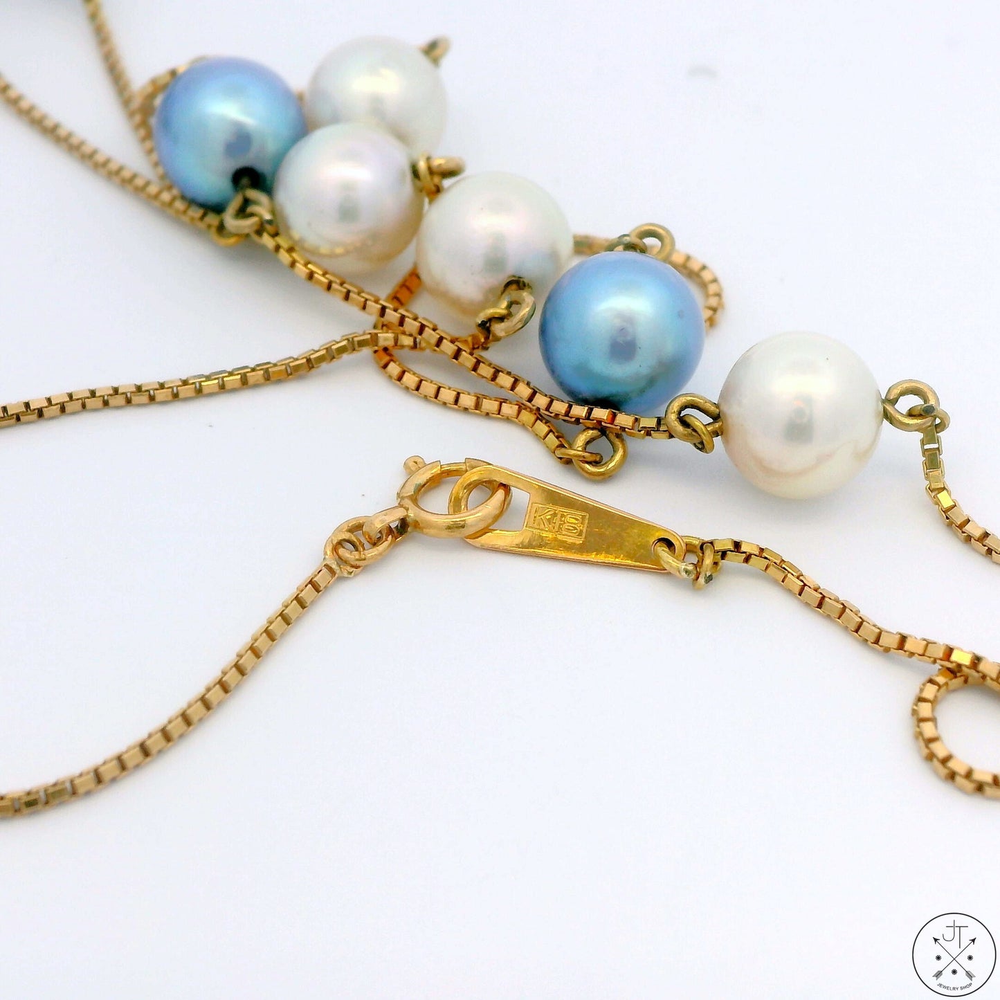 Vintage 18k Yellow Gold 30 Inch Pearl Station Necklace Box Chain